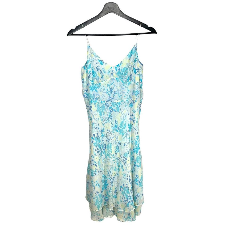 Vintage Y2k Ann Taylor Blue Floral Chiffon Spaghetti Strap Silk Slip Midi Dress